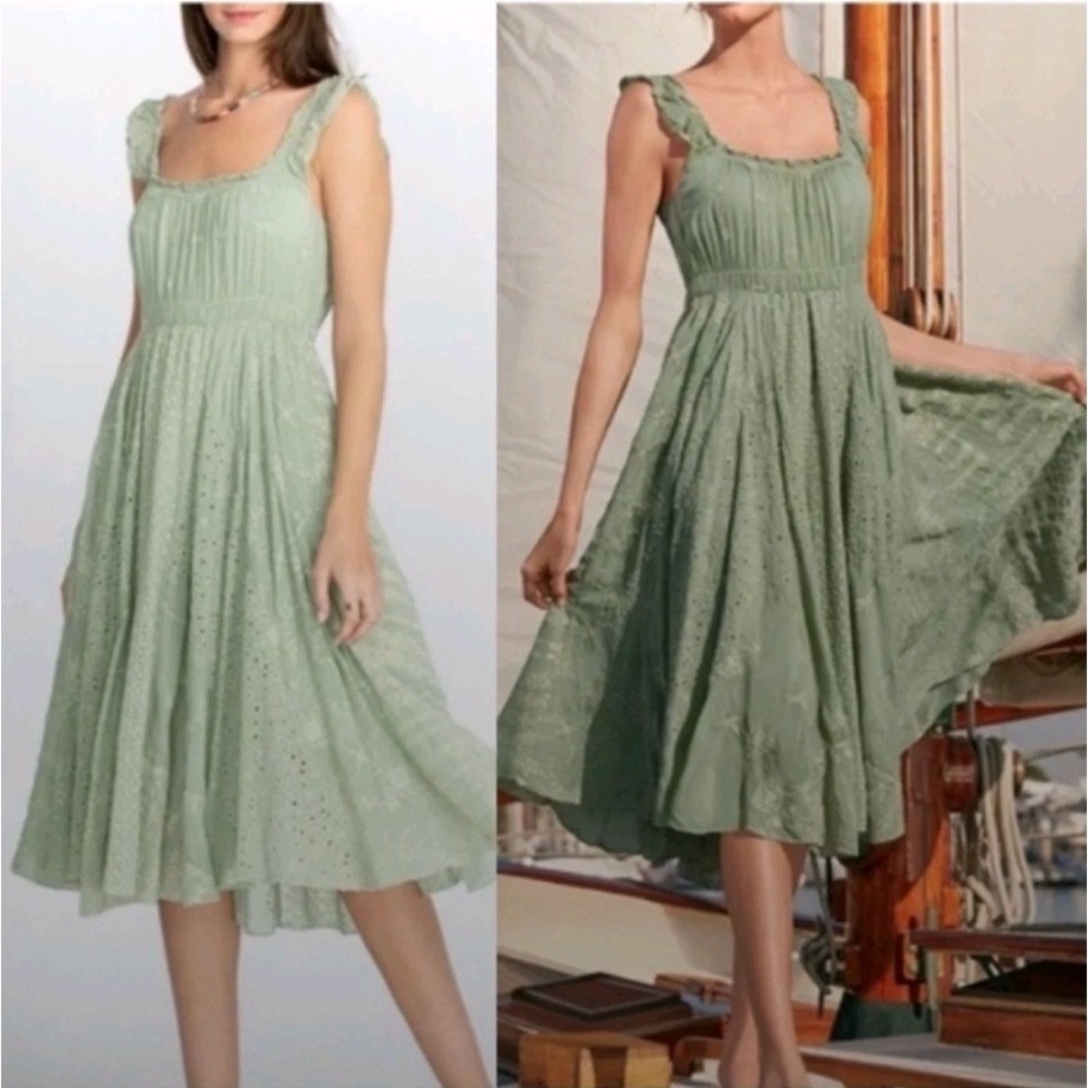 Johnny Was Siren Sage‎ Green Eyelet Embroidered Midi Dress XS Boho Cottagecore